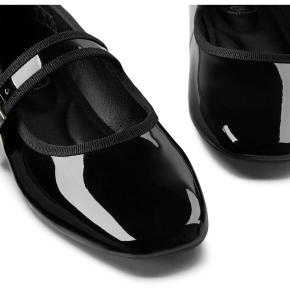 Trary Women's Black Polyurethane Square Toe Buckle Strap Ballet Mary Jane Shoes - Picture 2 of 6